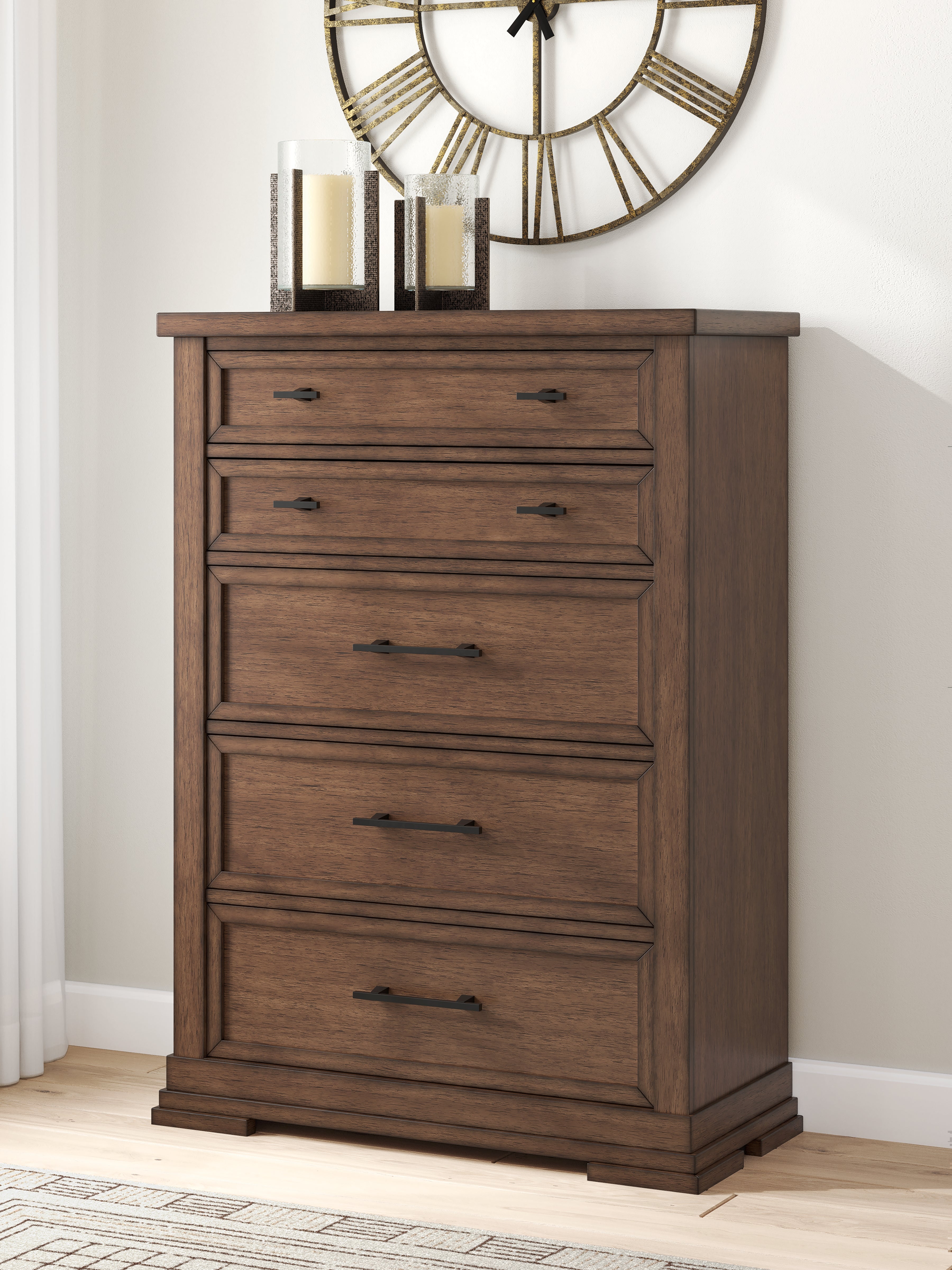 Family Deals Furniture - Ashley Furniture - Taffenbrook Bedroom - Five Drawer Chest / Medium Brown - B849-46