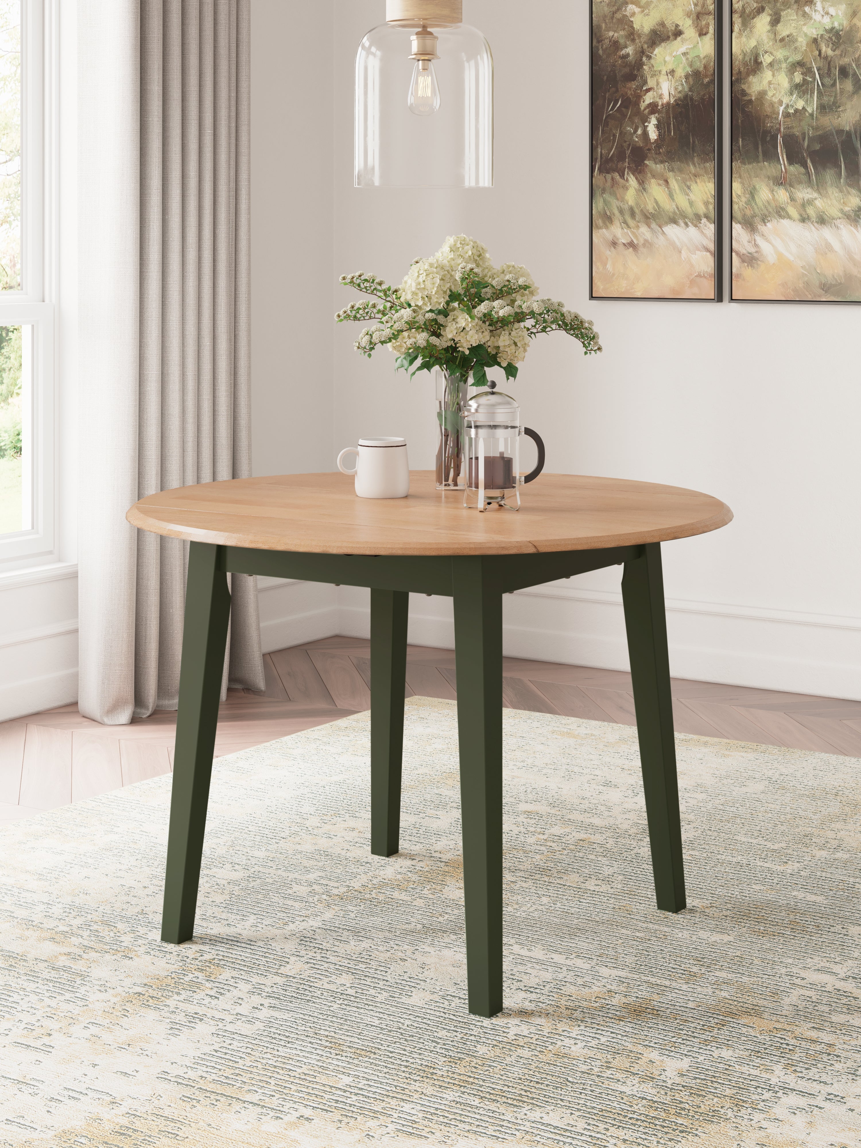 Family Deals Furniture - Ashley Furniture - Gesthaven Dining Room - Round DRM Drop Leaf Table / Natural/Green - D401-15