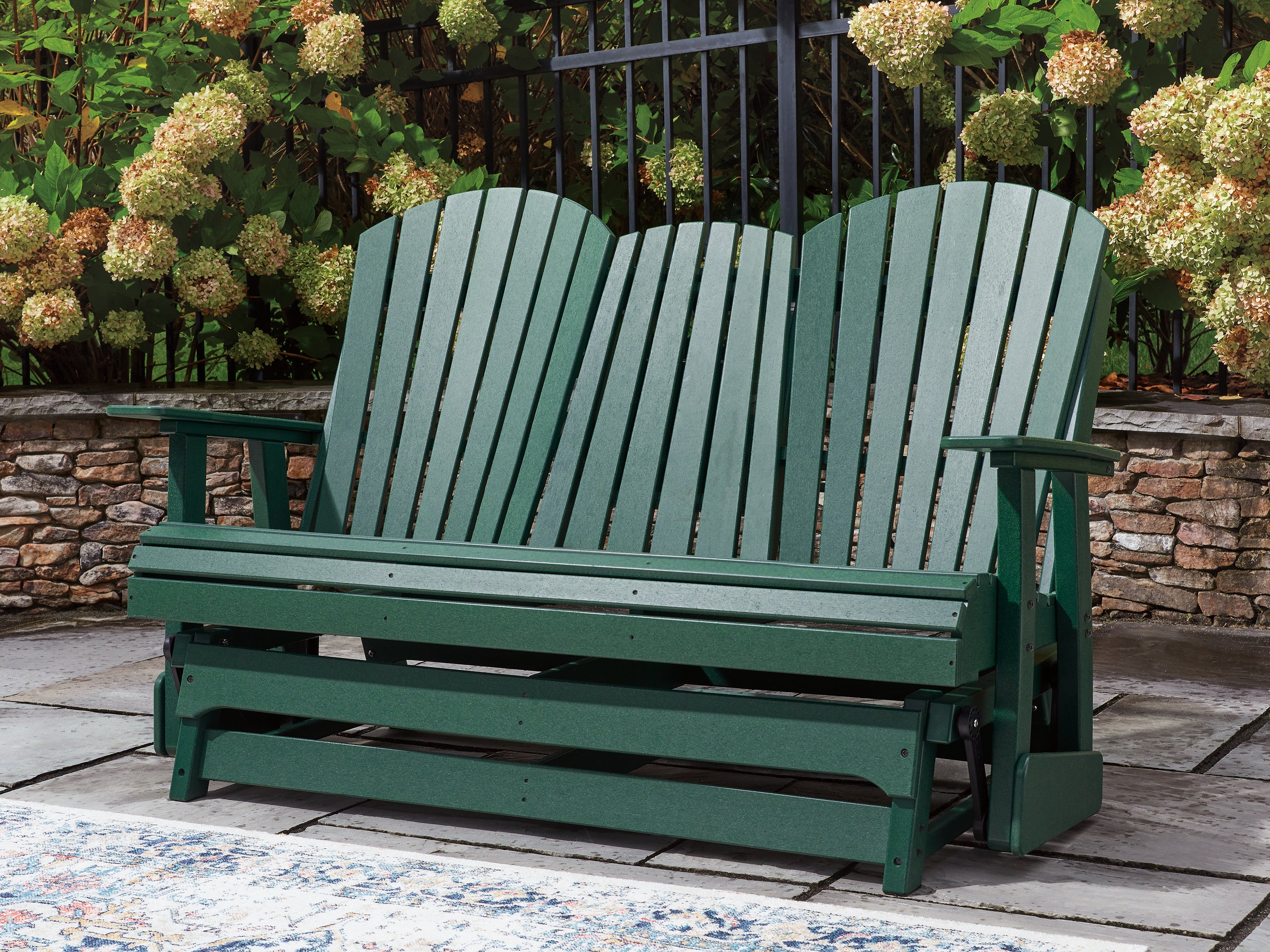 Family Deals Furniture - Ashley Furniture - Shell Beach Outdoor - Loveseat Glider / Green - PCP115-835