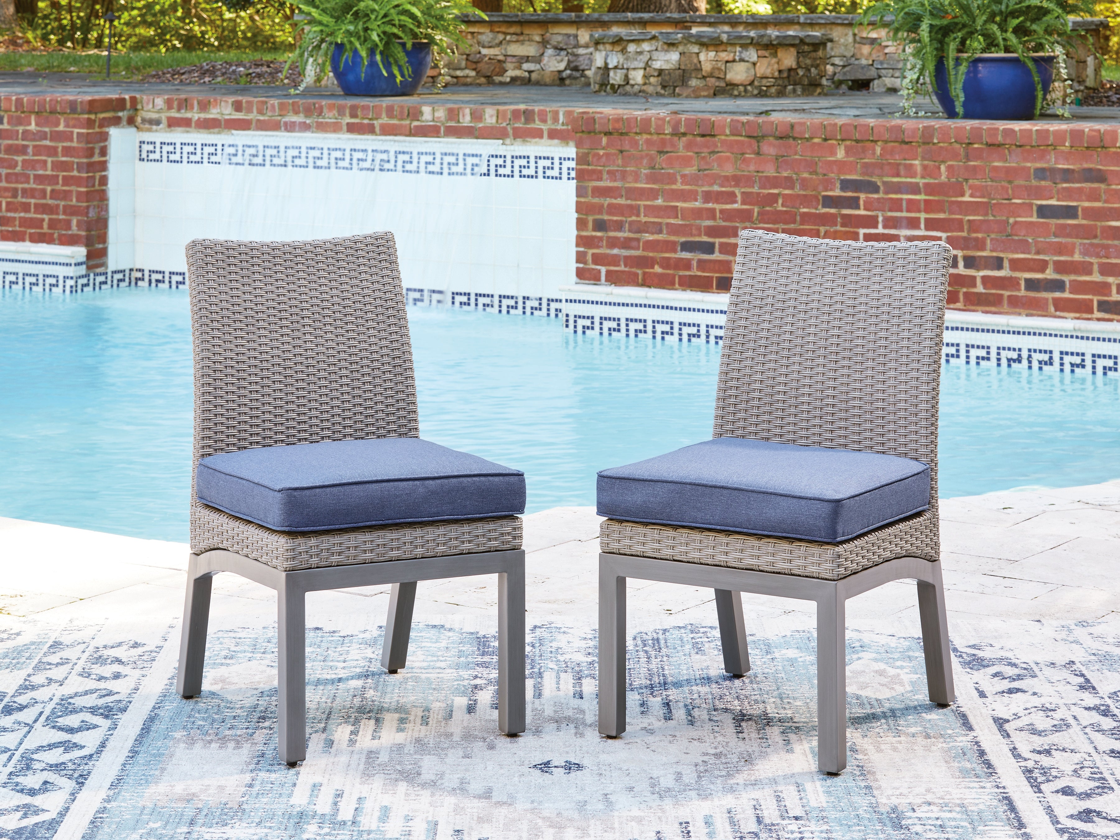 Family Deals Furniture - Ashley Furniture - Half Moon Beach Outdoor - Side Chair with Cushion (Set of 2) / Blue/Gray - PCP418-601