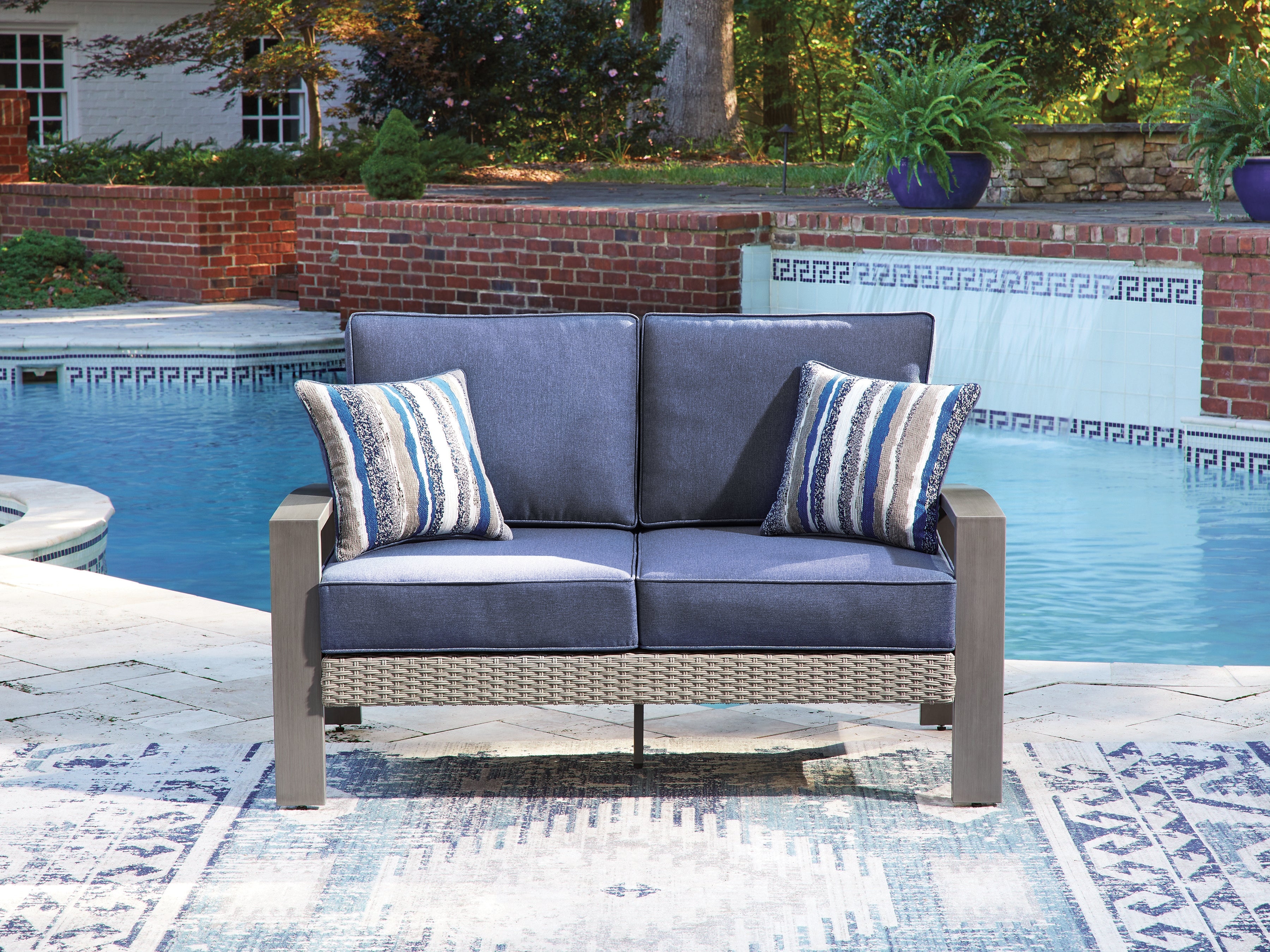 Family Deals Furniture - Ashley Furniture - Half Moon Beach Outdoor - Loveseat w/Cushion / Blue/Gray - PCP418-835