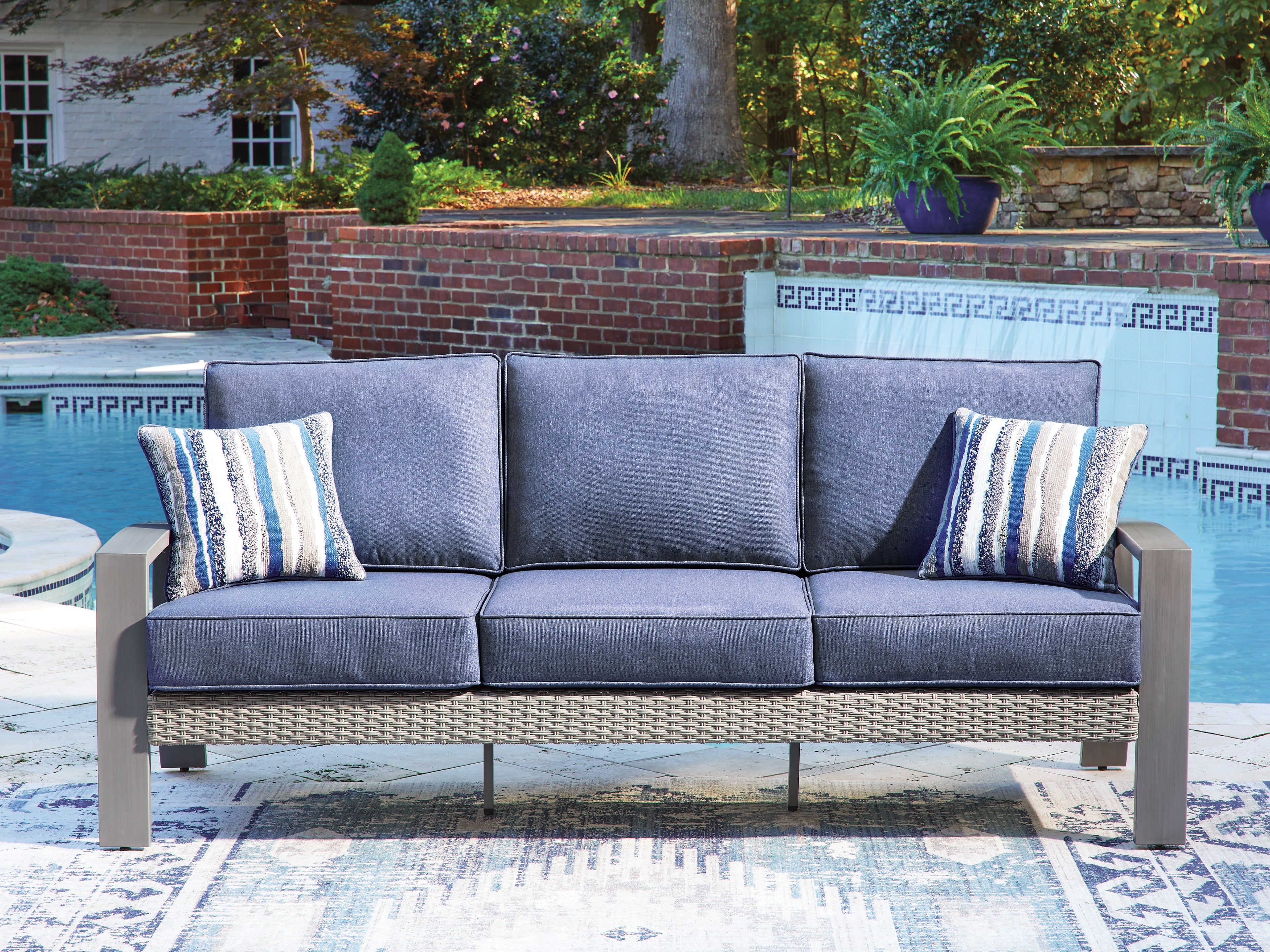 Family Deals Furniture - Ashley Furniture - Half Moon Beach Outdoor - Sofa with Cushion / Blue/Gray - PCP418-838