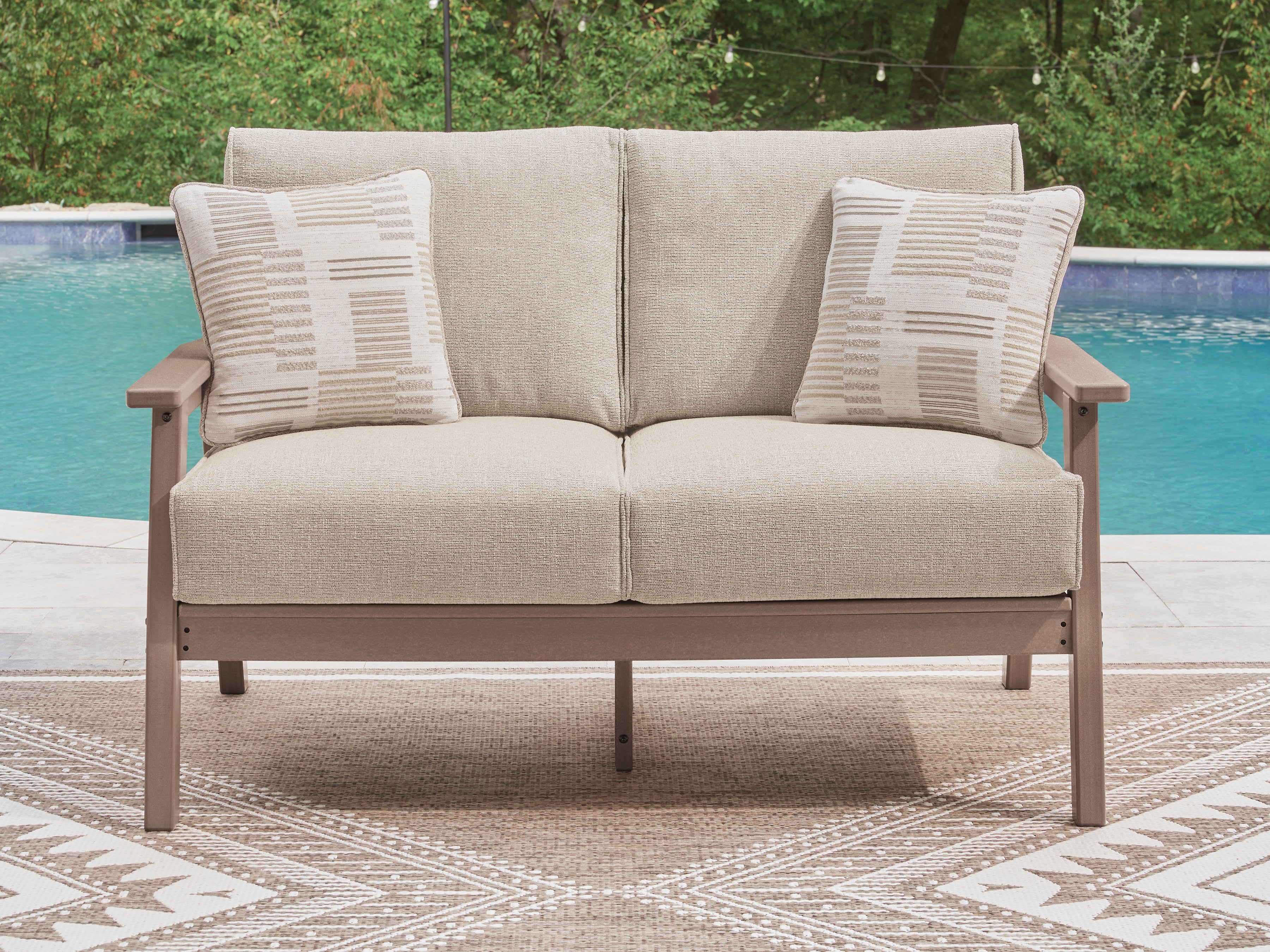 Family Deals Furniture - Ashley Furniture - Grover Beach Outdoor - Loveseat w/Cushion / Driftwood - PCP422-835