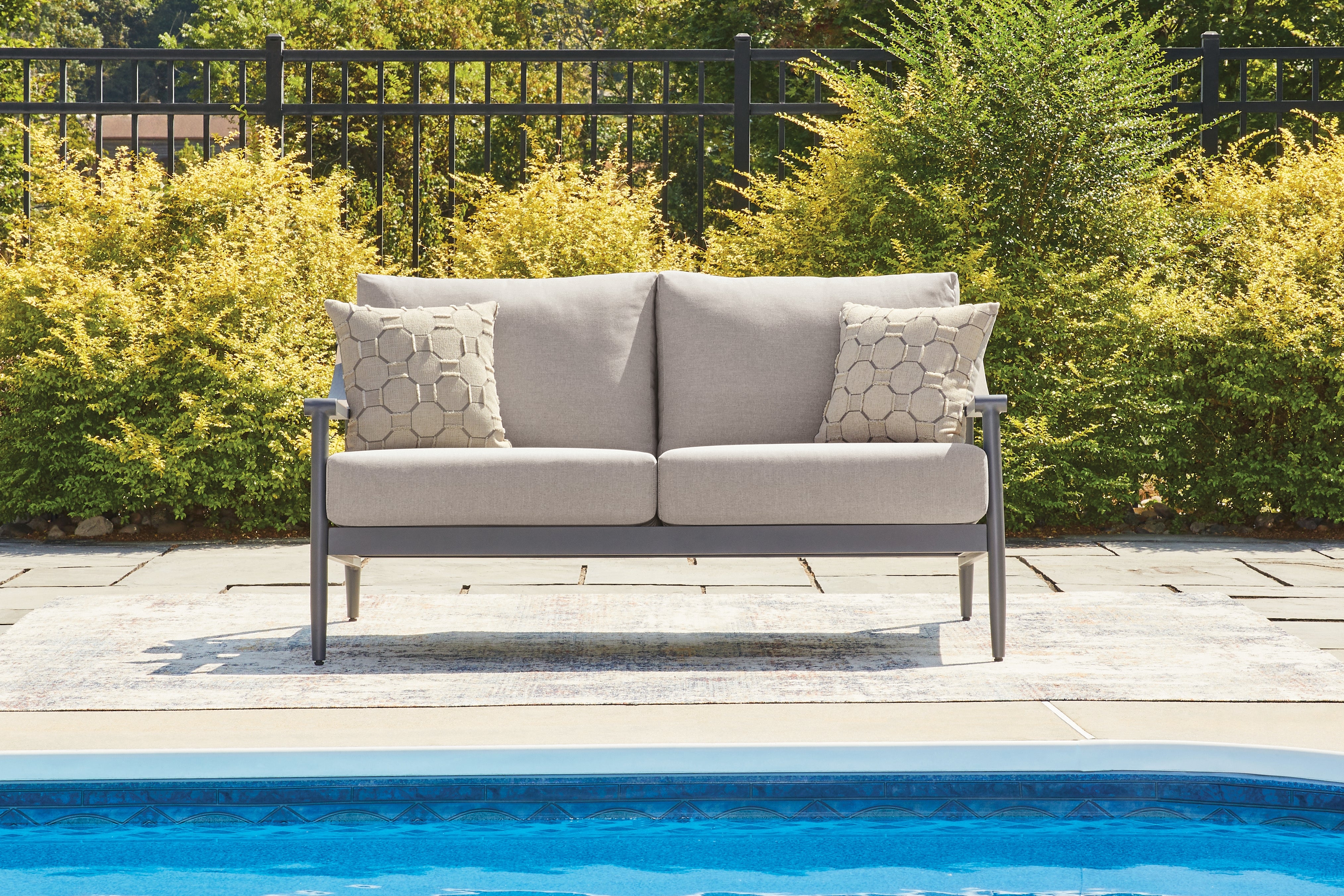 Family Deals Furniture - Ashley Furniture - Ocean Beach Outdoor - Loveseat w/Cushion / Gray - PCP510-835