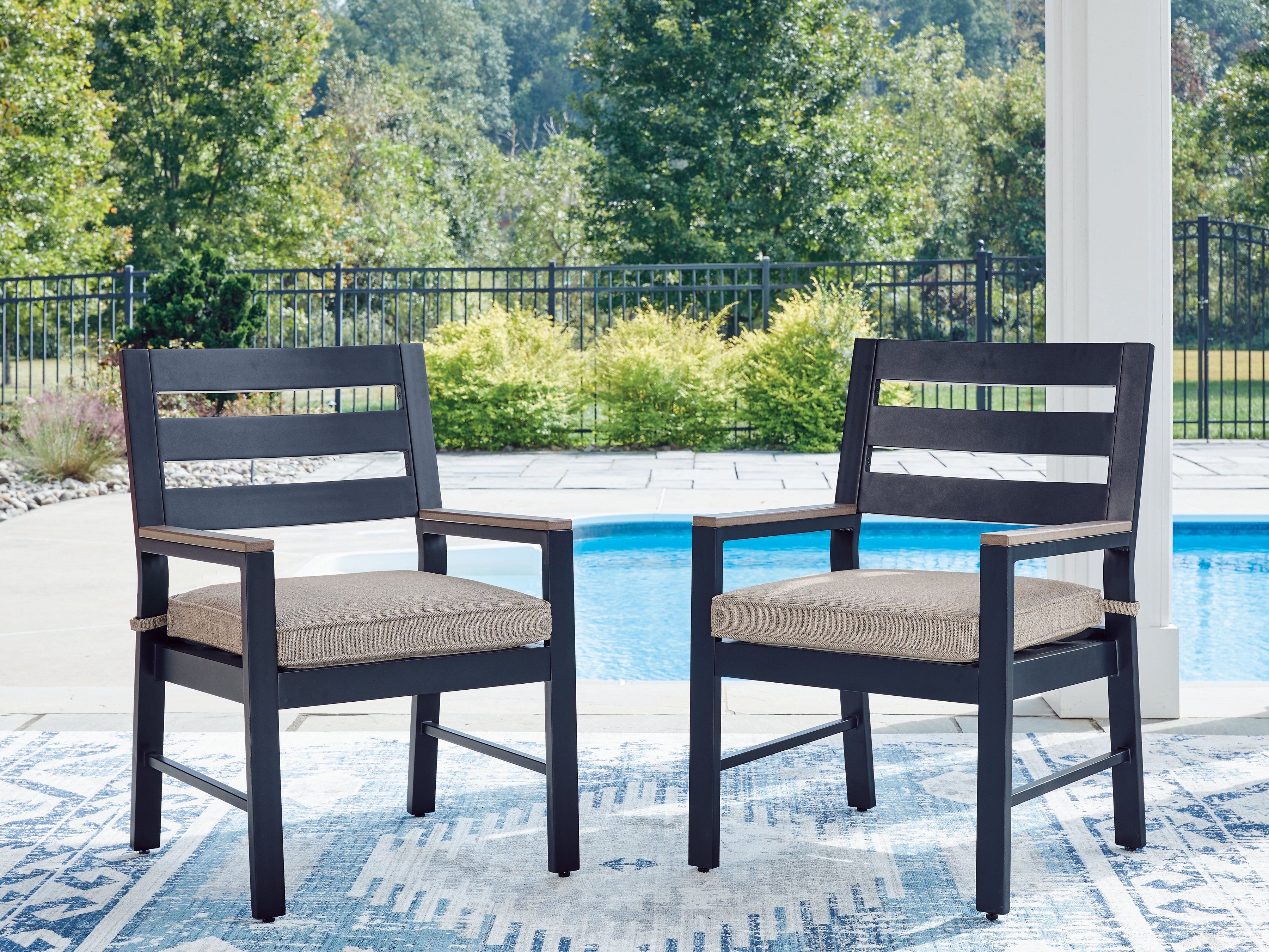 Family Deals Furniture - Ashley Furniture - East Beach Outdoor - Arm Chair With Cushion (Set of 2) / Navy Blue/Driftwood - PCP587-601A