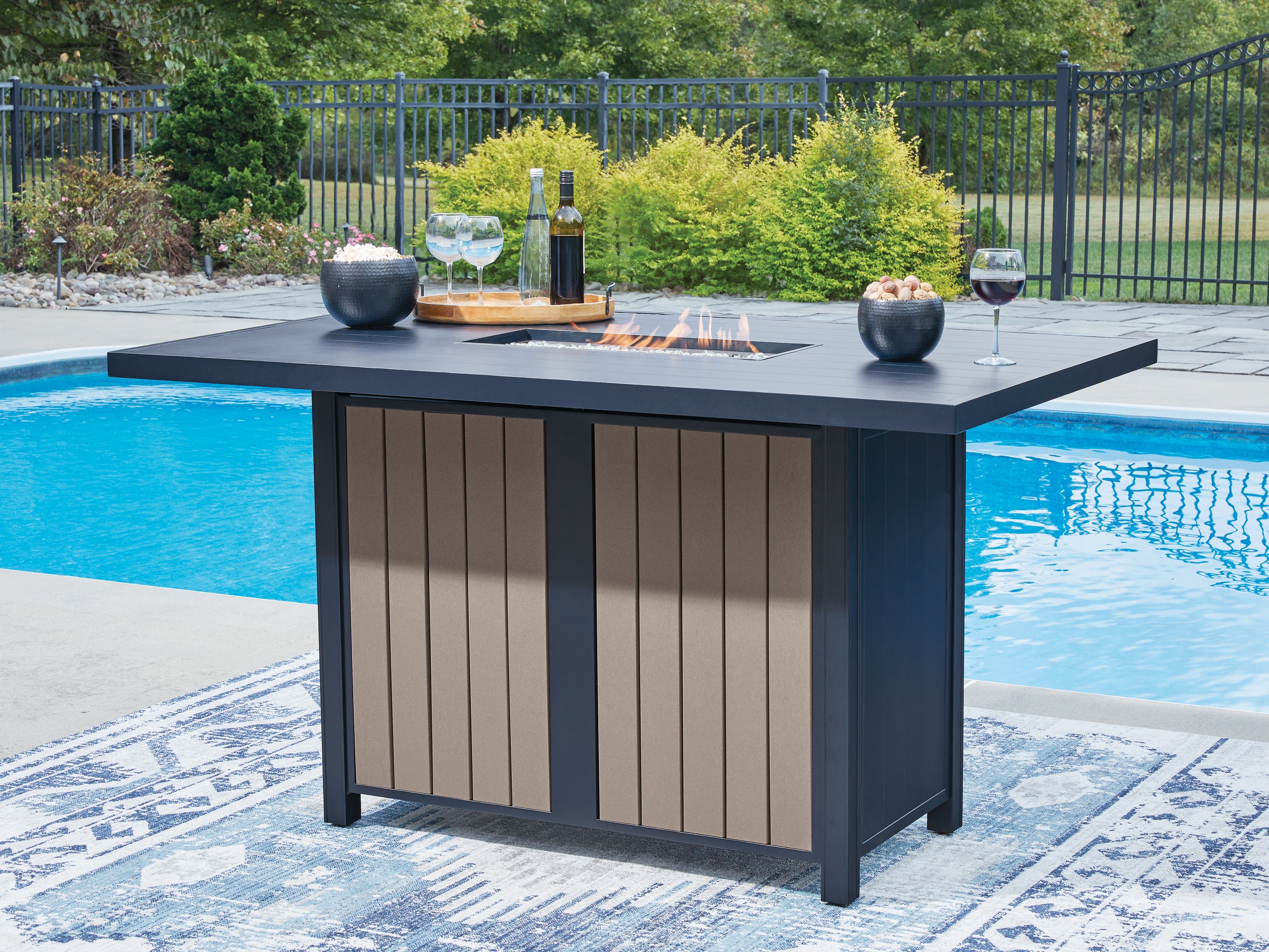 Family Deals Furniture - Ashley Furniture - East Beach Outdoor - RECT Bar Table w/Fire Pit / Navy Blue/Driftwood - PCP587-665