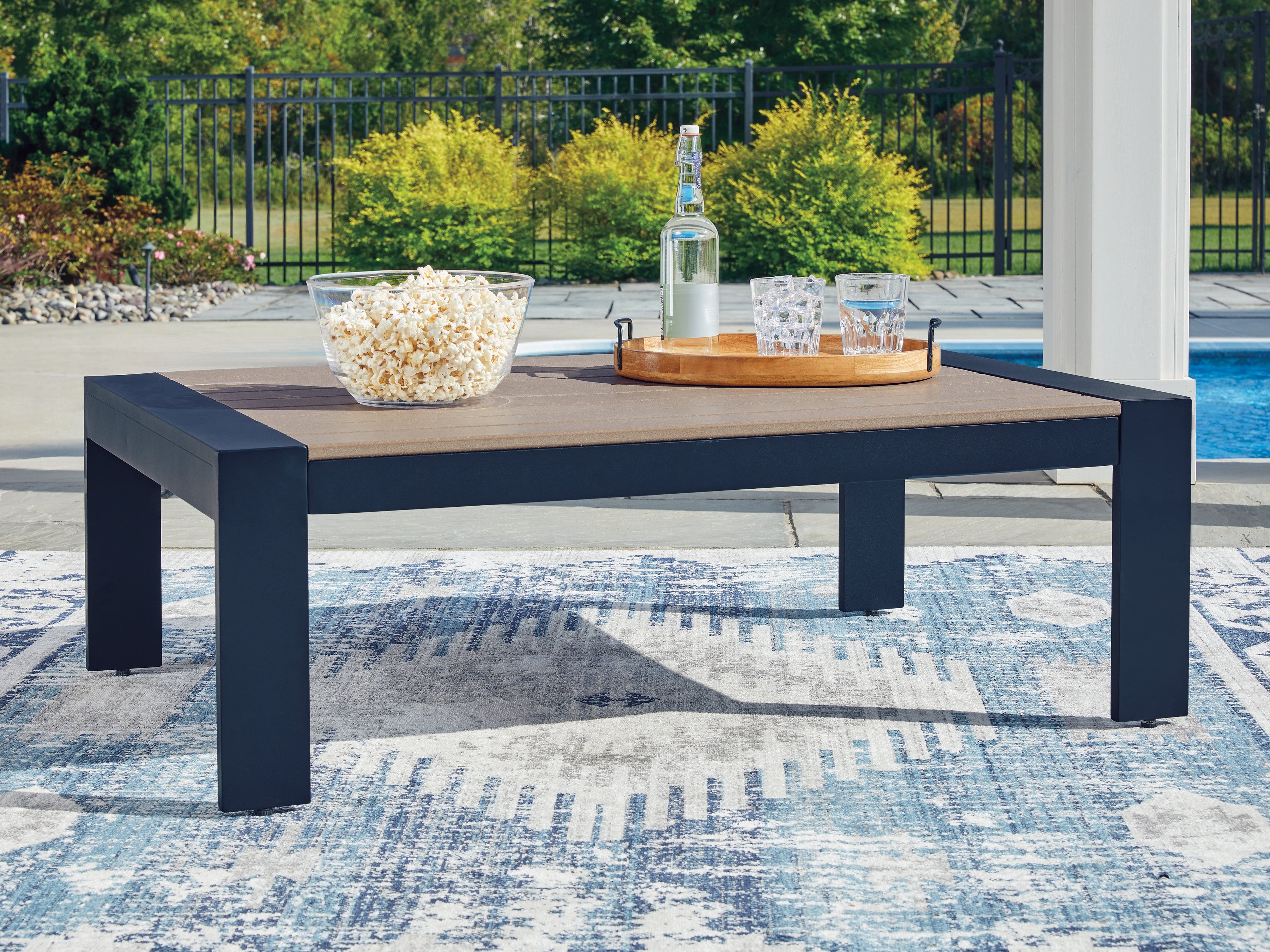 Family Deals Furniture - Ashley Furniture - East Beach Outdoor - Rectangular Cocktail Table / Navy Blue/Driftwood - PCP587-701