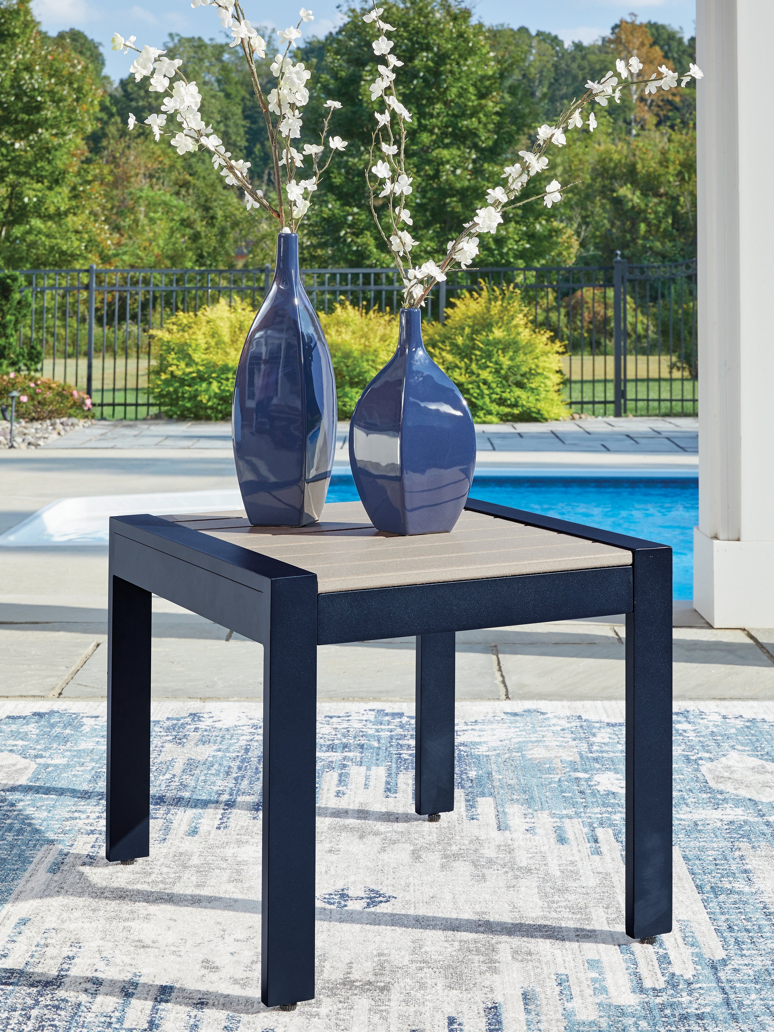 Family Deals Furniture - Ashley Furniture - East Beach Outdoor - Rectangular End Table / Navy Blue/Driftwood - PCP587-703