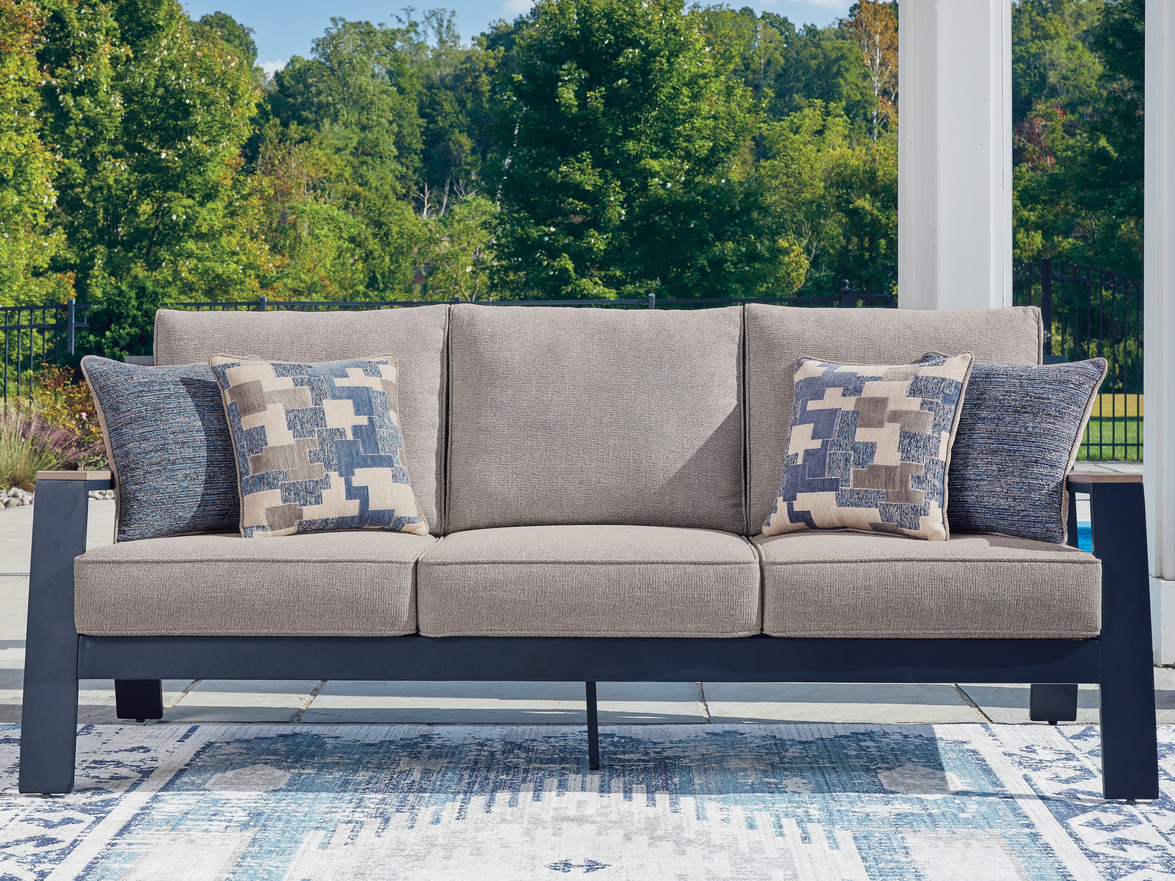 Family Deals Furniture - Ashley Furniture - East Beach Outdoor - Sofa with Cushion / Navy Blue/Driftwood - PCP587-838