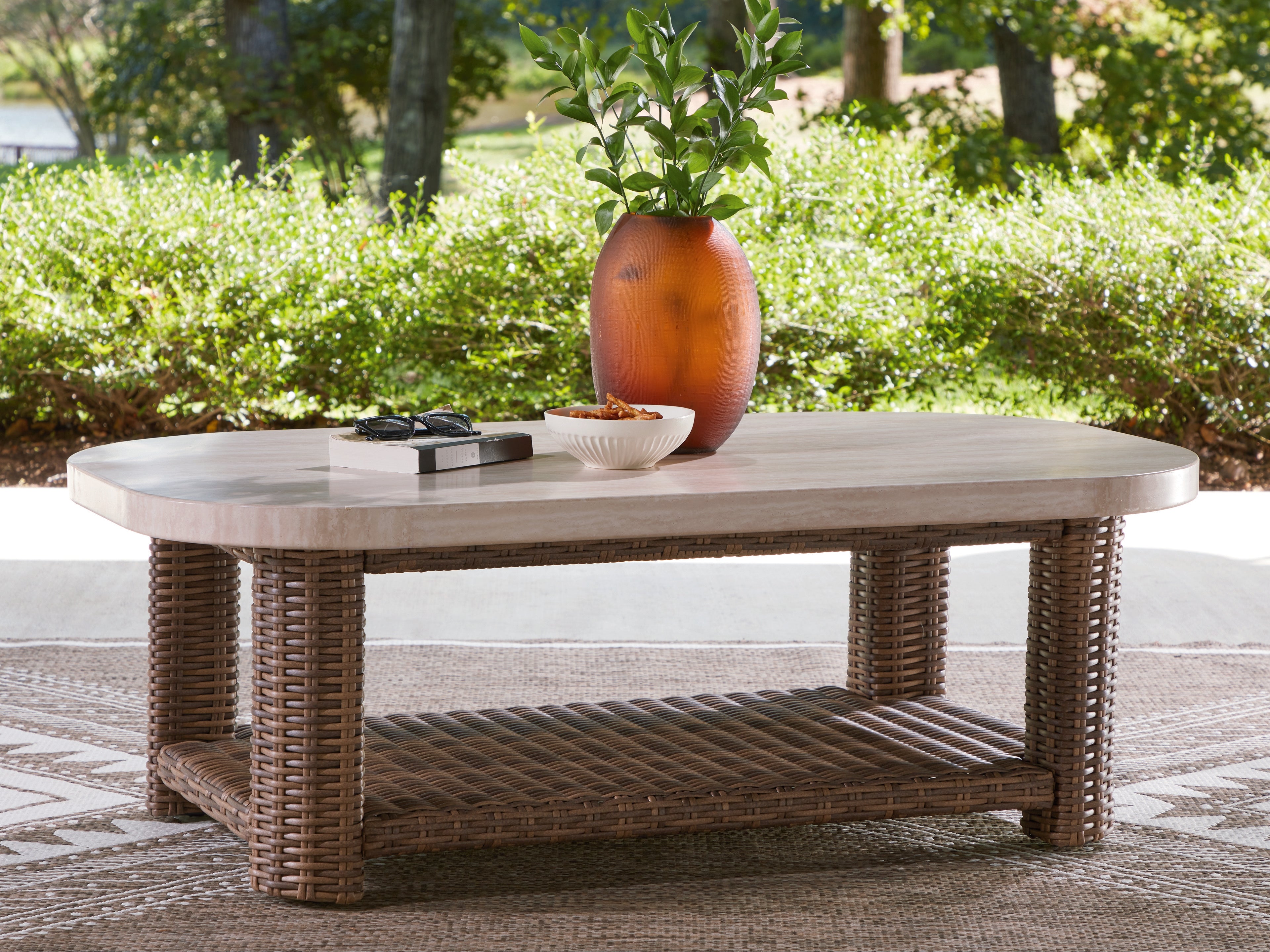 Family Deals Furniture - Ashley Furniture - Dolan Creek Outdoor - Rectangular Cocktail Table / Beige/Brown - PCP610-701