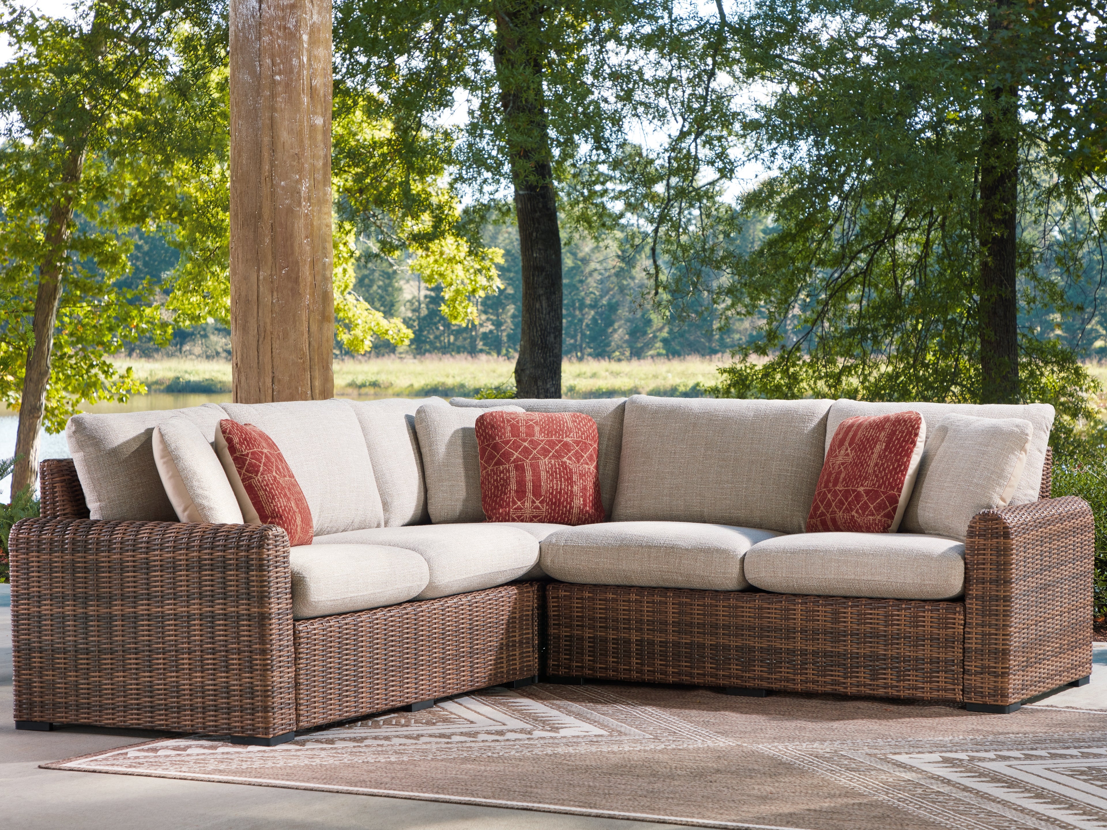 Family Deals Furniture - Ashley Furniture - Dolan Creek Outdoor - 3-Piece Outdoor Sectional / Beige/Brown - PCP610P1