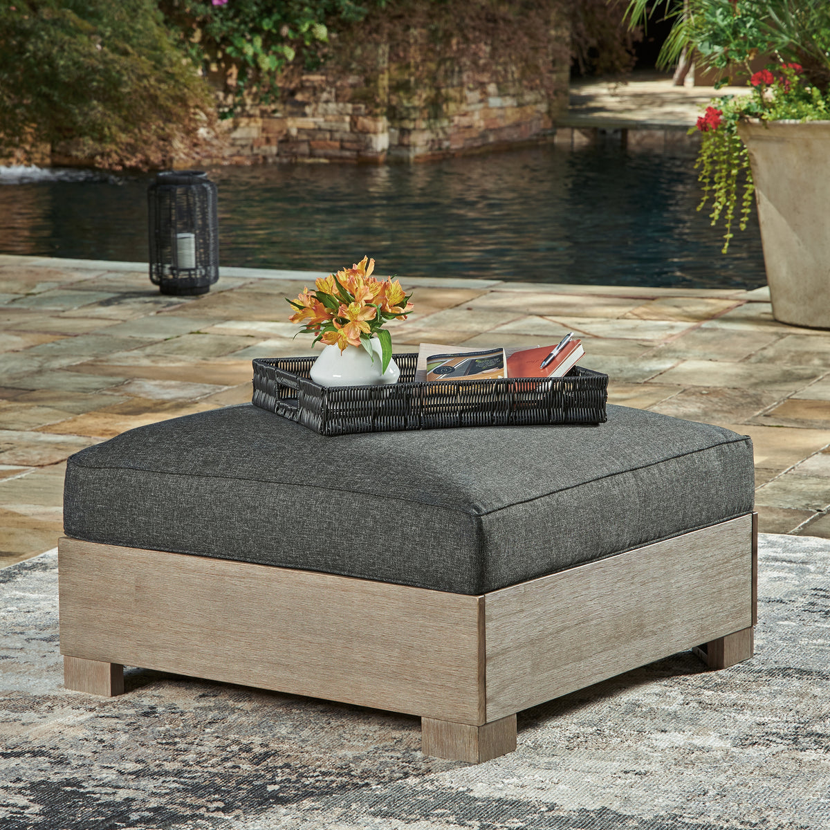 Family Deals Furniture - Ashley Furniture - Citrine Park Outdoor - Ottoman with Cushion / Brown/Charcoal - P660-814