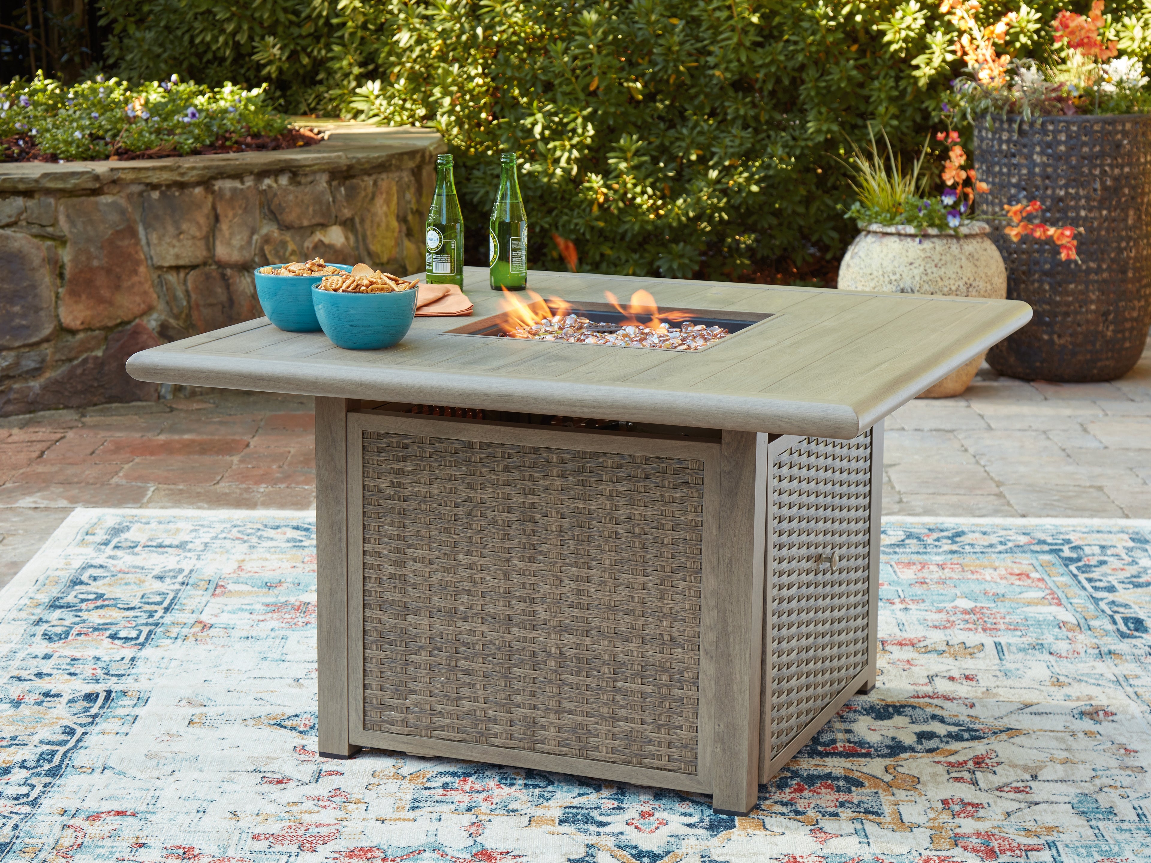 Family Deals Furniture - Ashley Furniture - Cliff Trails Outdoor - Square Fire Pit Table / Beige - PCP690-772