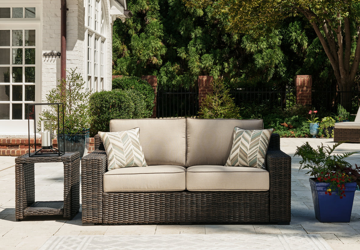 Family Deals Furniture - Ashley Furniture - Coastline Bay Outdoor - Loveseat w/Cushion / Brown - P784-835