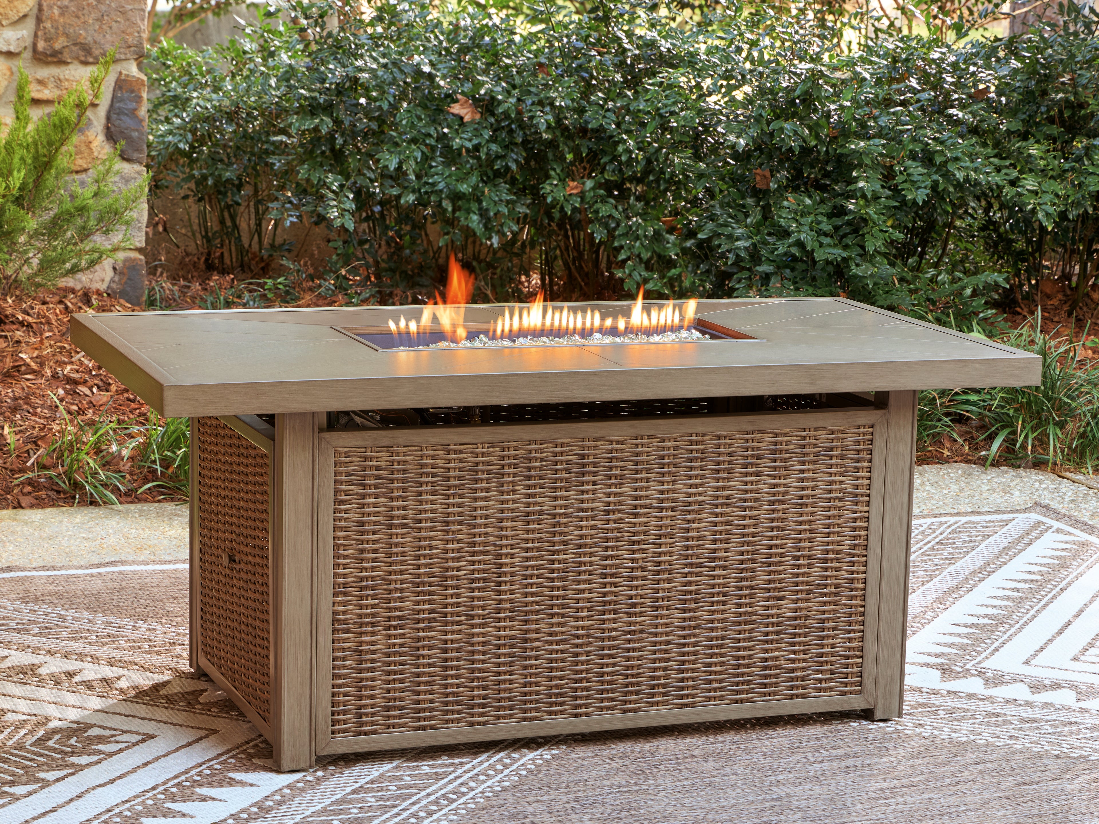 Family Deals Furniture - Ashley Furniture - Laguna Heights Outdoor - Rectangular Fire Pit Table / Beige - PCP790-773