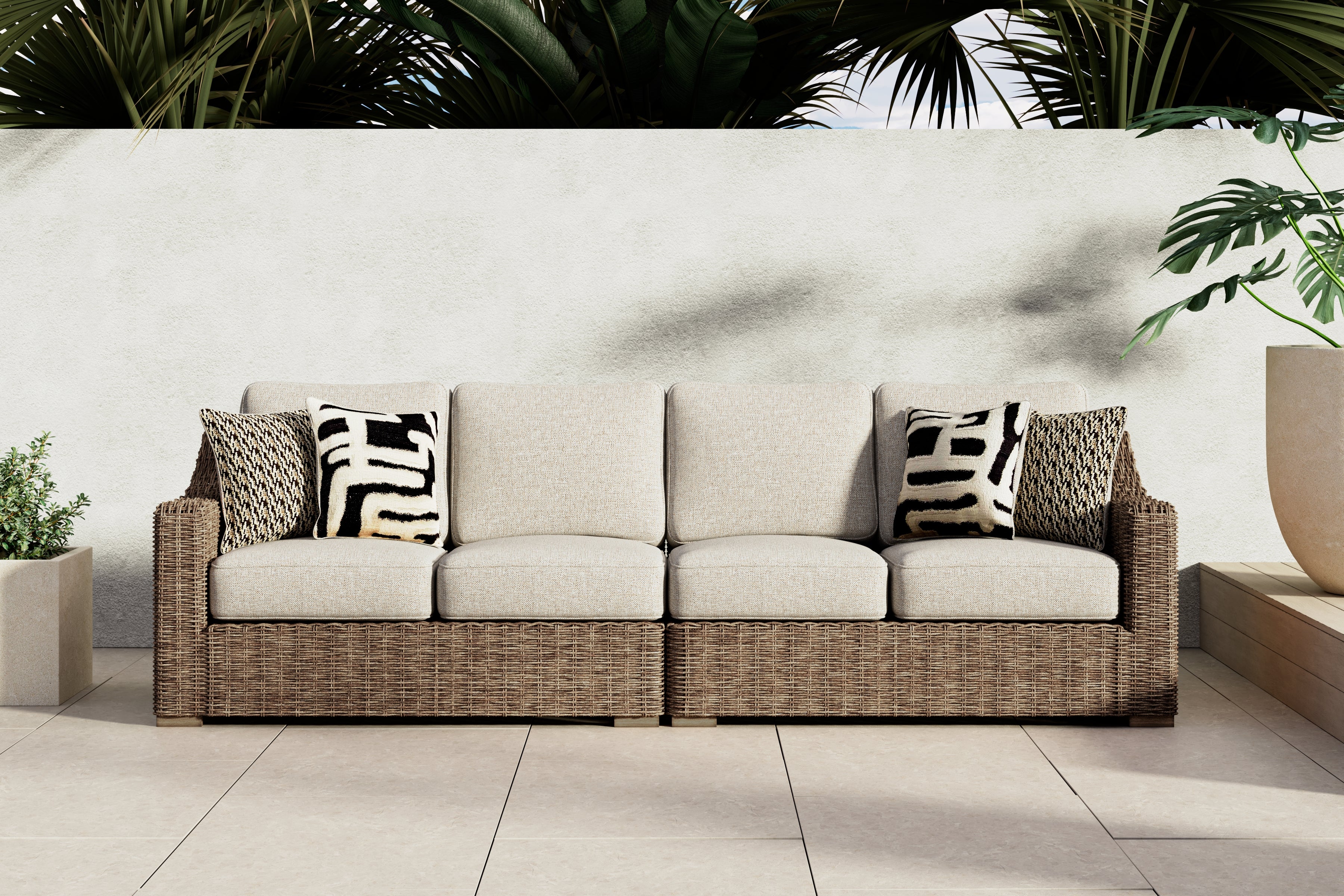 Family Deals Furniture - Ashley Furniture - Beachcroft Outdoor - RAF/LAF Loveseat w/CUSH (Set of 2) / Beige - P791-854