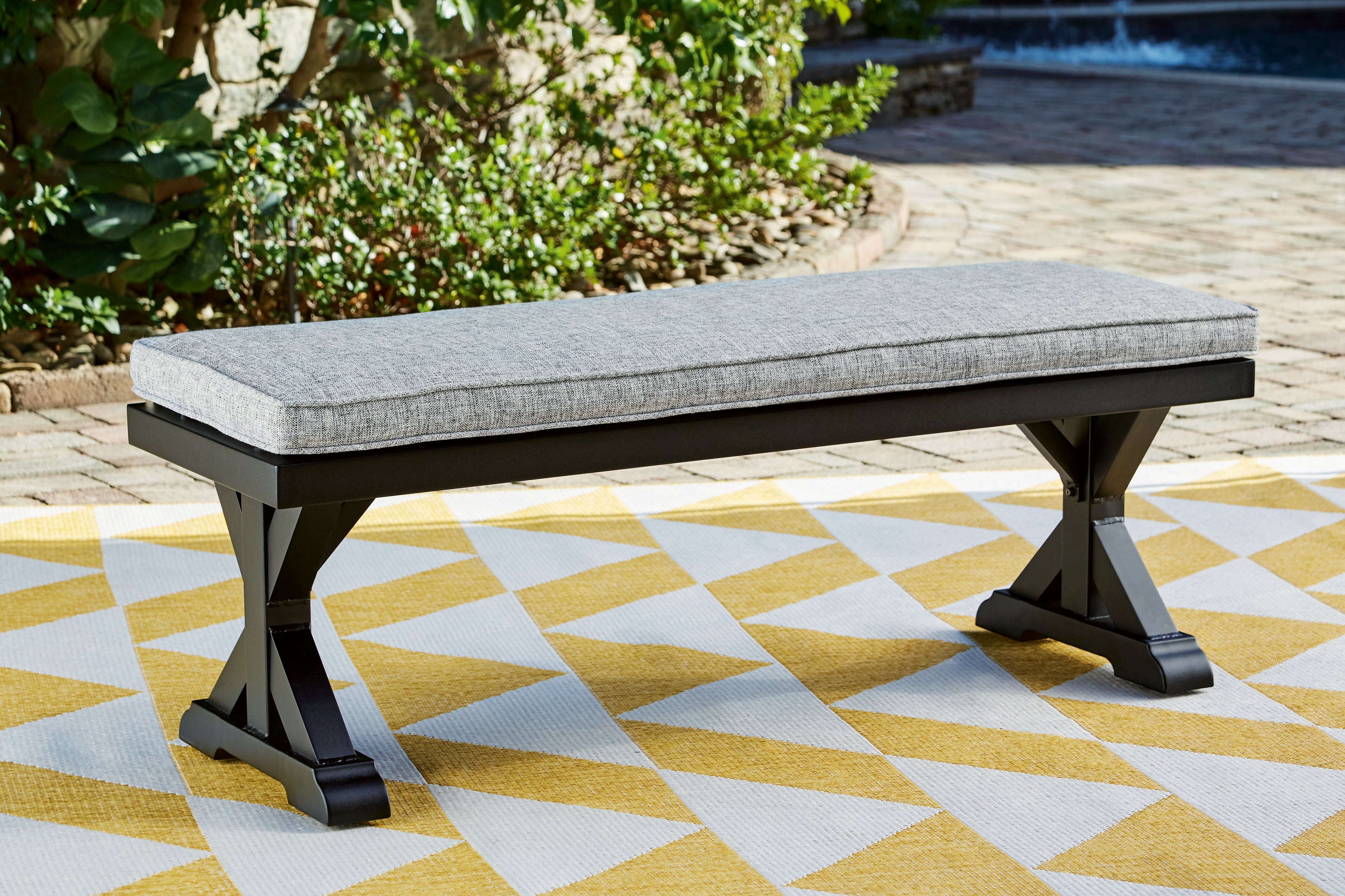 Family Deals Furniture - Ashley Furniture - Beachcroft Outdoor - Bench with Cushion / Black/Light Gray - P792-600