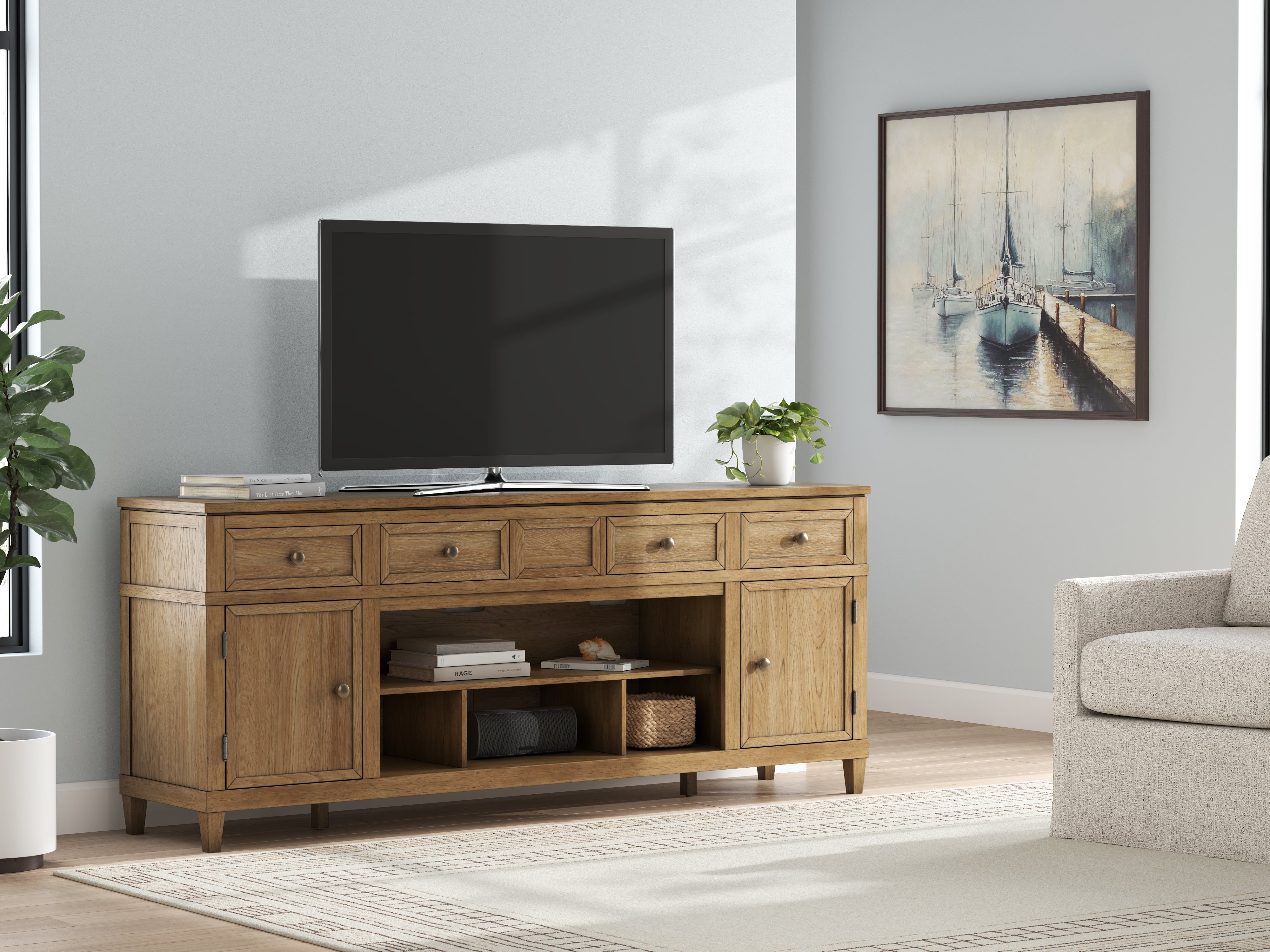 Family Deals Furniture - Ashley Furniture - Sharlance 81" TV Stand - 81" / Light Brown - W655-68