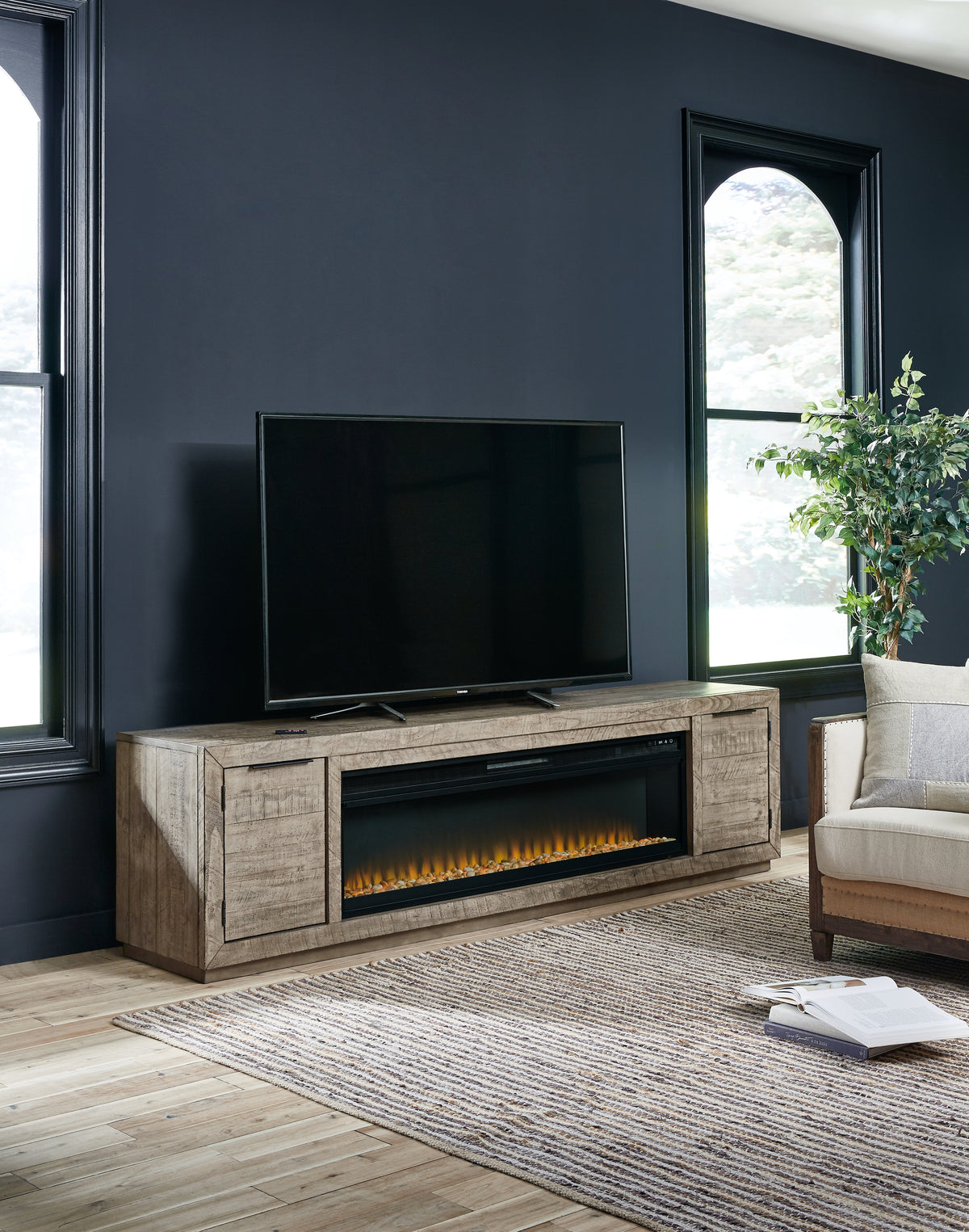 Family Deals Furniture - Ashley Furniture - Krystanza TV Stand with Electric Fireplace - TV Stand with Electric Fireplace / Weathered Gray - W760W1