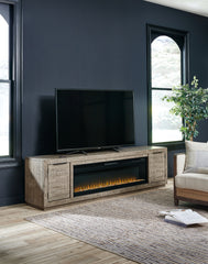 Family Deals Furniture - Ashley Furniture - Krystanza TV Stand with Electric Fireplace - TV Stand with Electric Fireplace / Weathered Gray - W760W1